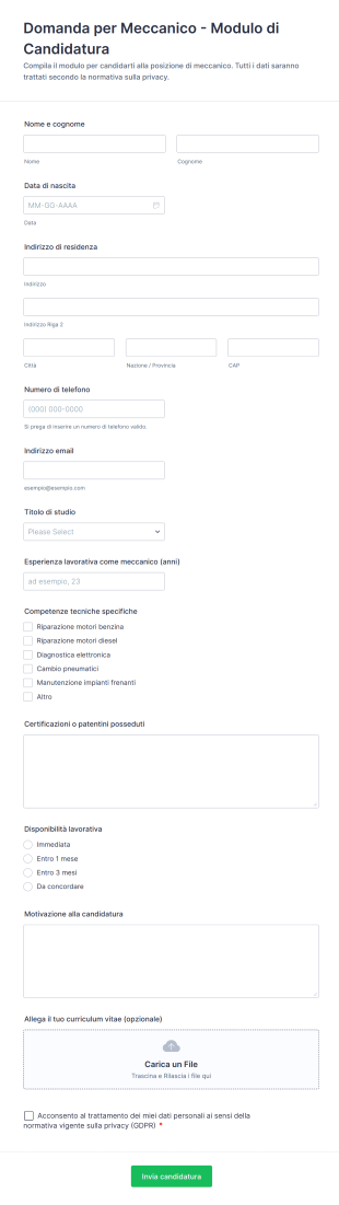 Domanda Per Meccanico Modulo Di Candidatura