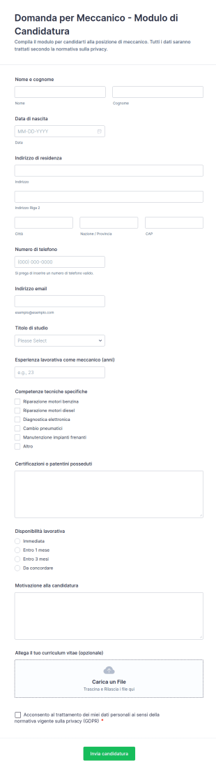 Domanda Per Meccanico Modulo Di Candidatura