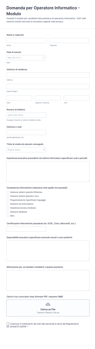 Domanda Per Operatore Informatico Modulo