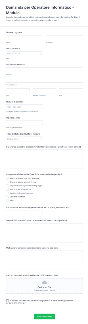Domanda Per Operatore Informatico Modulo