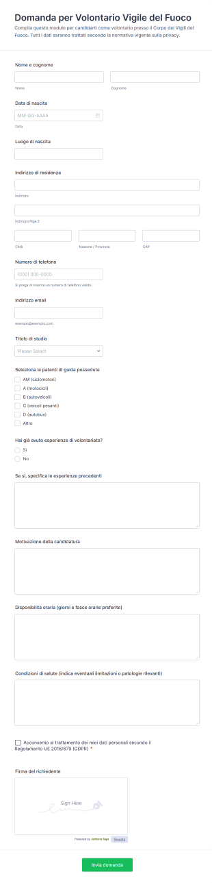 Domanda Per Volontario Vigile Del Fuoco