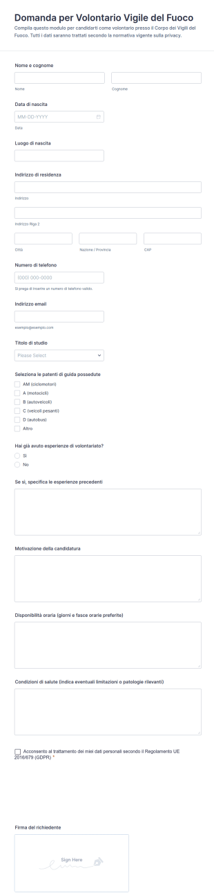 Domanda Per Volontario Vigile Del Fuoco