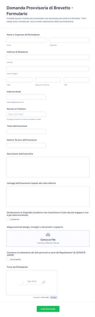 Domanda Provvisoria Di Brevetto Formulario