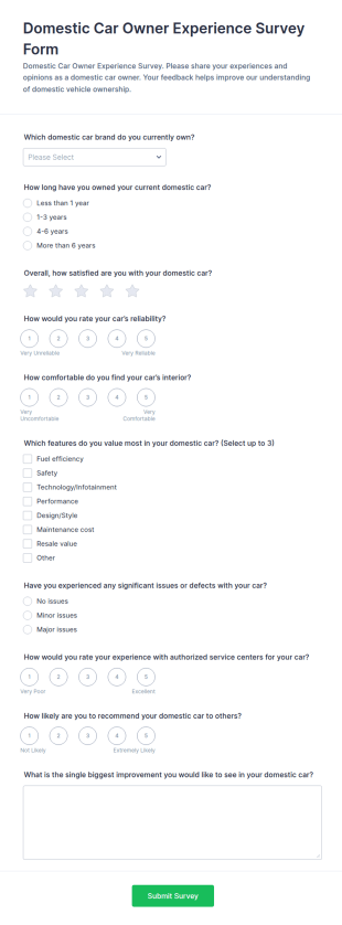 Domestic Car Owner Experience Survey Form Template