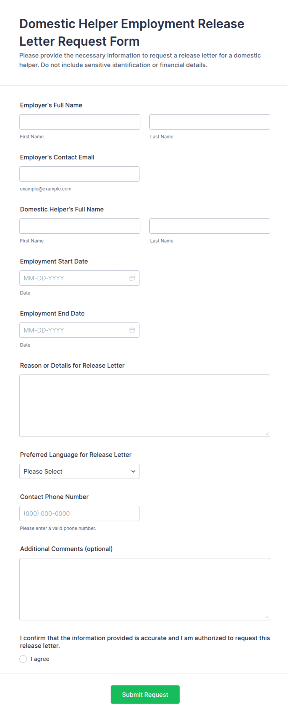 Domestic Helper Employment Release Letter Request Form Template | Jotform