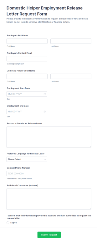 Domestic Helper Employment Release Letter Request Form Template
