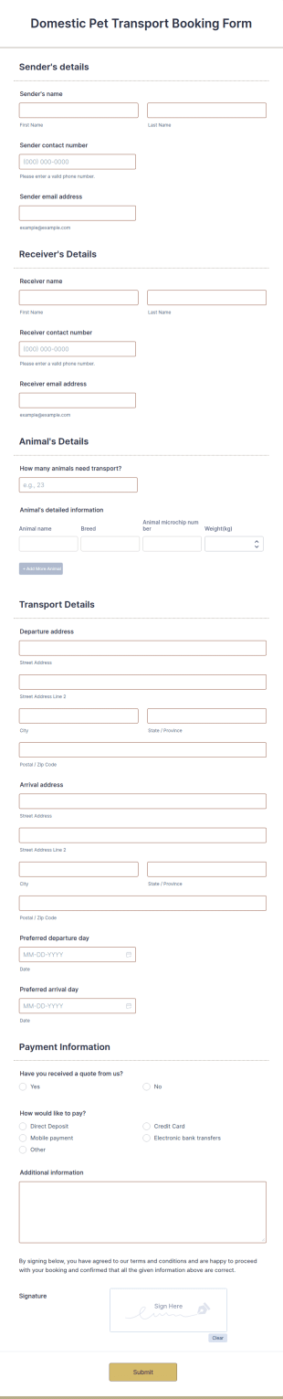 Domestic Pet Transport Booking Form Template