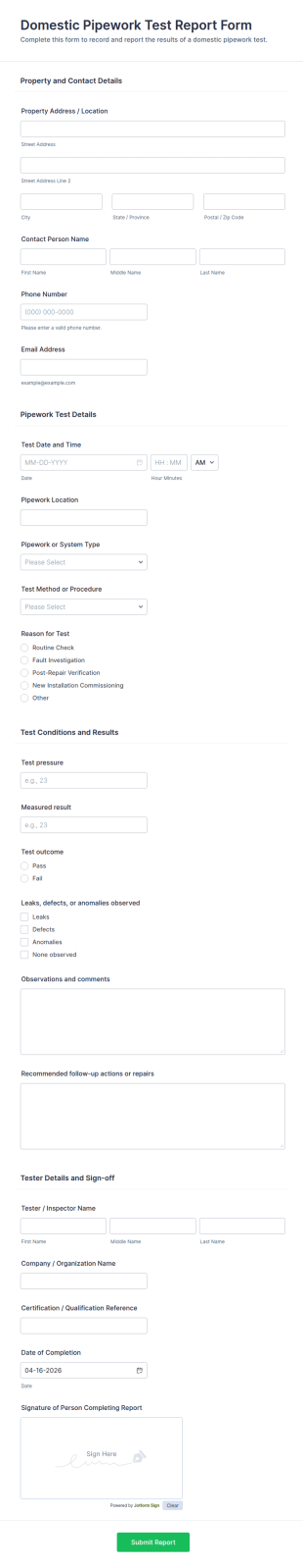 Domestic Pipework Test Report Form Template