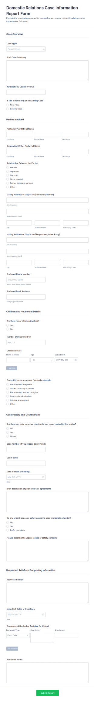 Domestic Relations Case Information Report Form Template