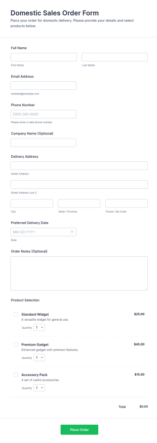 Domestic Sales Order Form Template