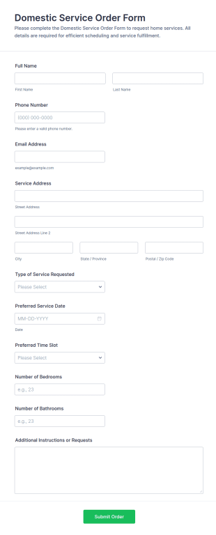 Domestic Service Order Form Template