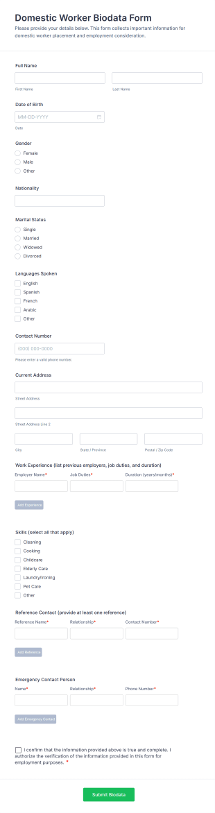 Domestic Worker Biodata Form Template