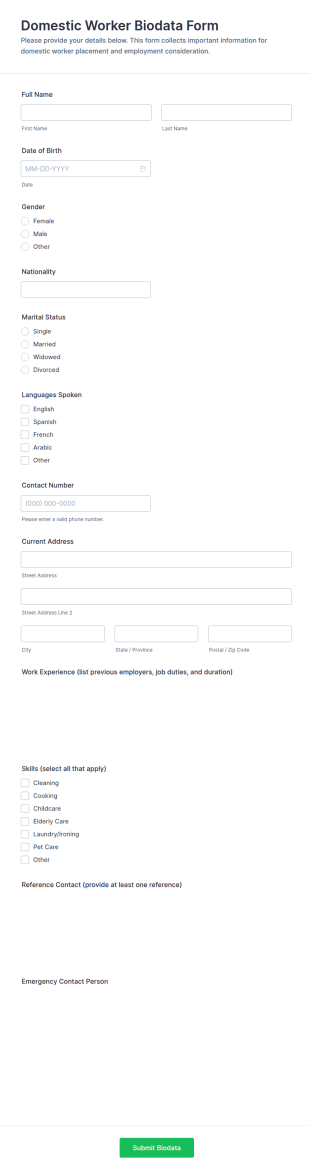 Domestic Worker Biodata Form Template