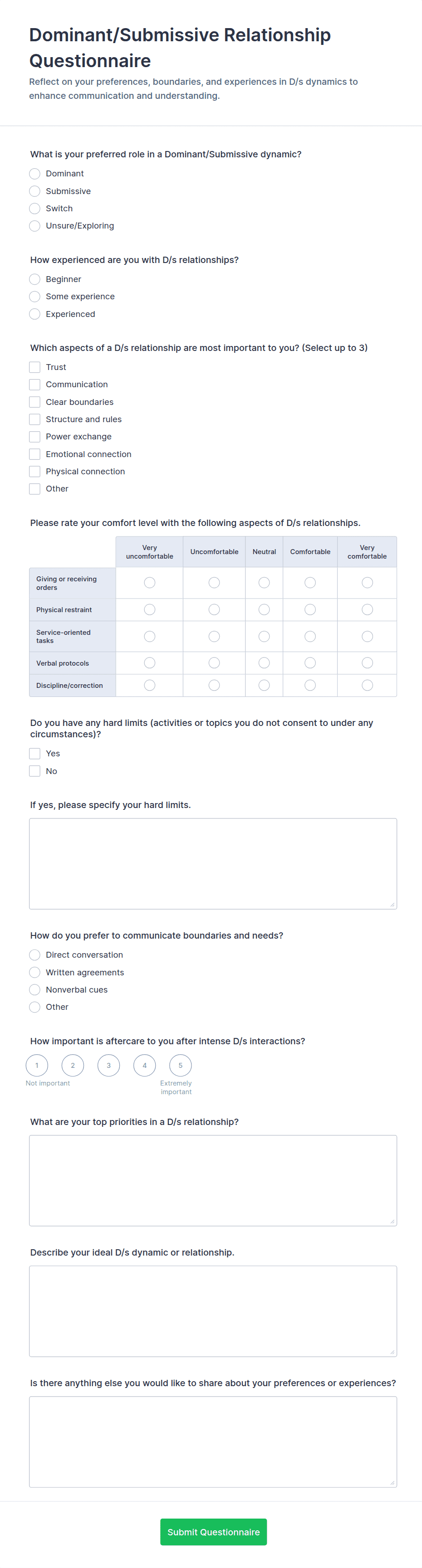 Dominant/Submissive Relationship Questionnaire Form Template | Jotform