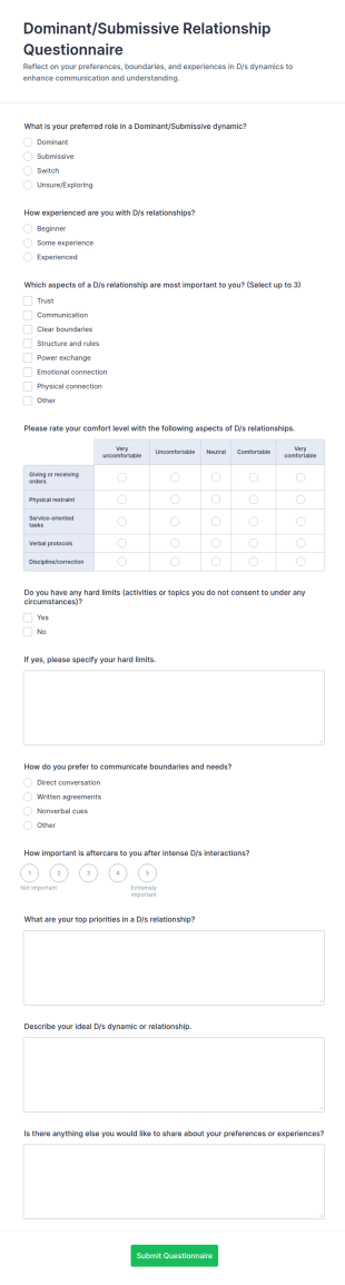 Dominant/Submissive Relationship Questionnaire Form Template