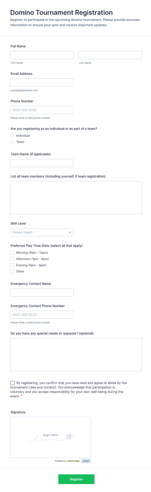 Domino Tournament Registration Form Template