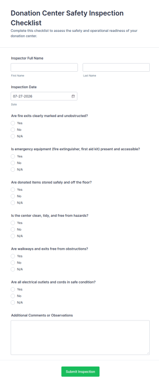 Donation Center Safety Inspection Checklist Form Template