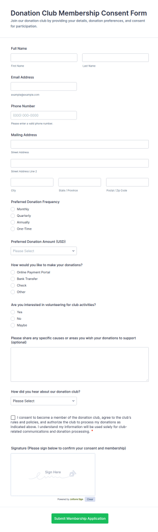 Donation Club Membership Consent Form Template