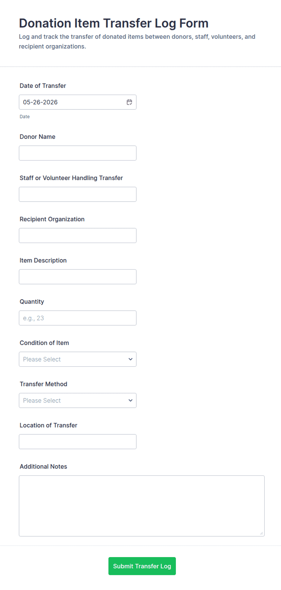 Printable Transfer Log Donation Item Transfer Log Form Template | Jotform