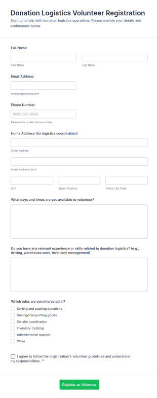 Donation Logistics Volunteer Registration Form Template