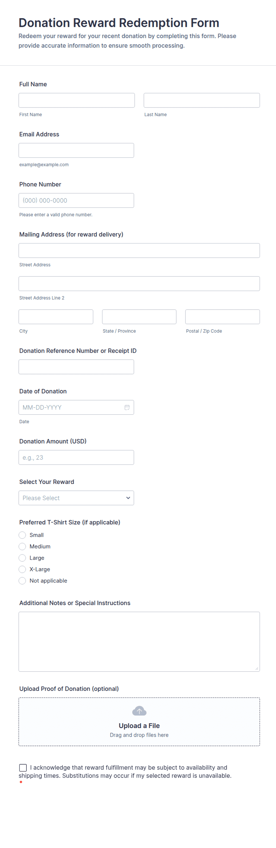 Donation Reward Redemption Form Template | Jotform