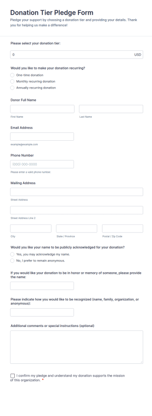 Donation Tier Pledge Form Template