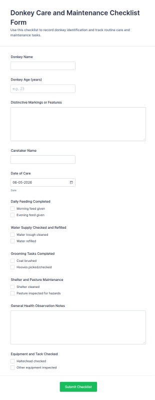 Donkey Care And Maintenance Checklist Form Template