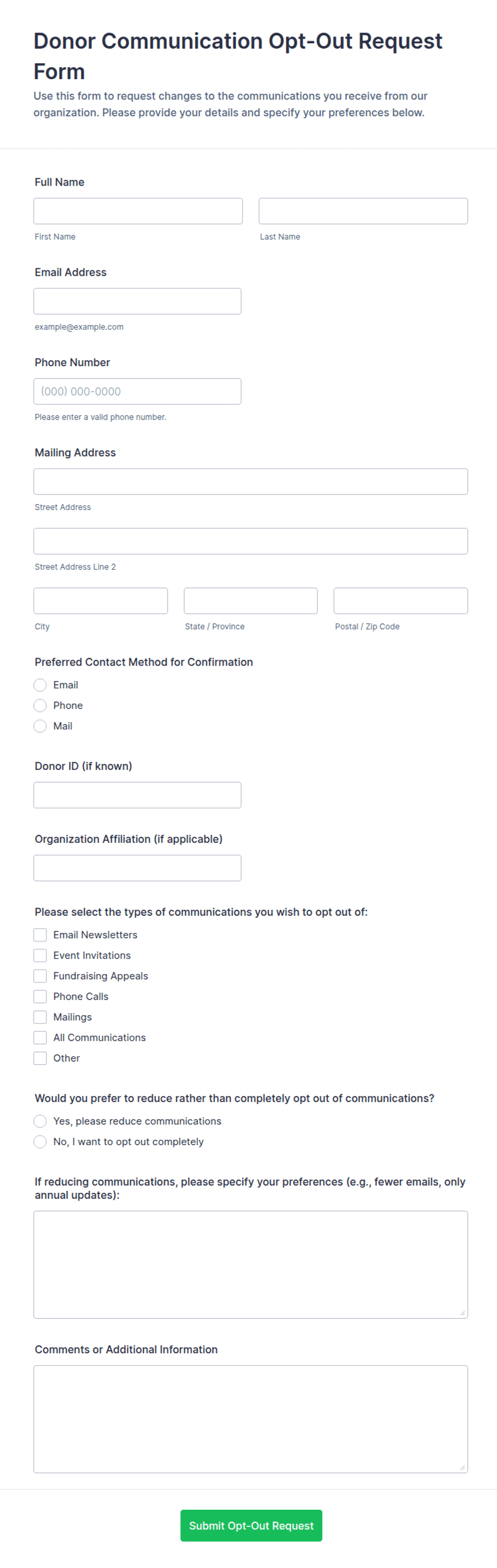 Communication Matrix Format Excel Donor Communication Opt-Out Request Form Template | Jotform