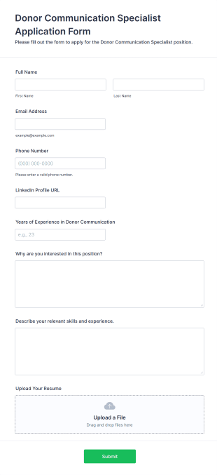 Donor Communication Specialist Application Form Form Template