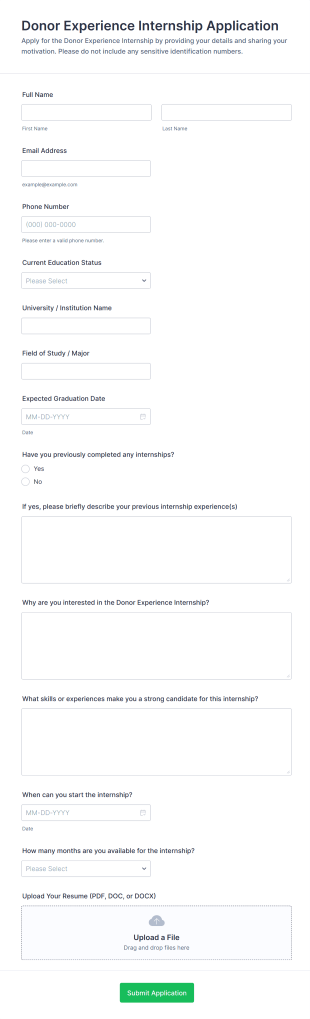 Donor Experience Internship Application Form Template