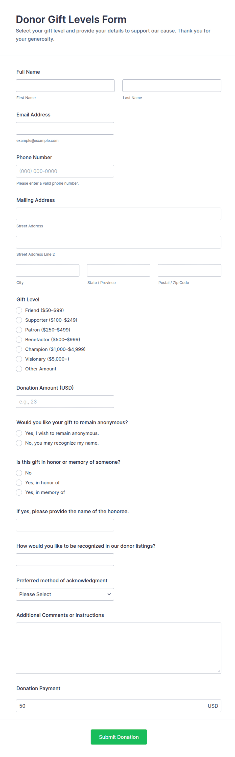 R1 R2 R5 R3 Donation Sheet Donor Gift Levels Form Template | Jotform
