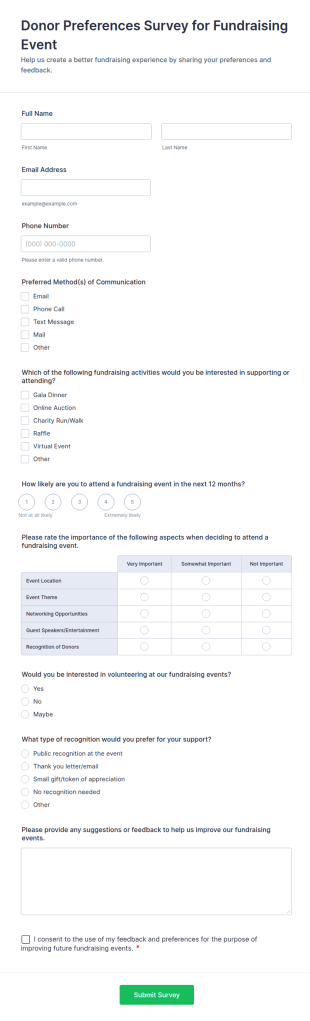 Donor Preferences Survey Form For Fundraising Event