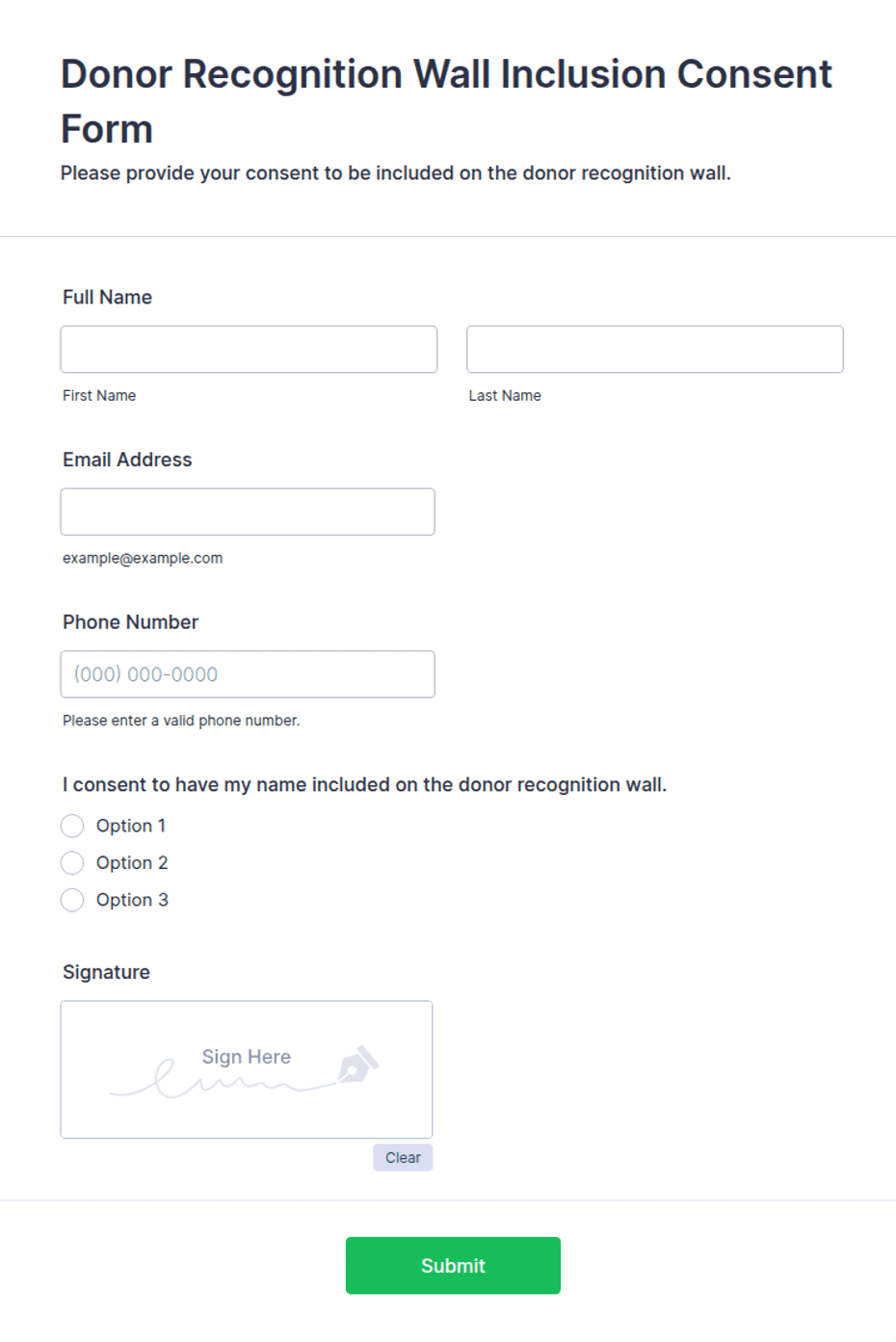 Donor Recognition Wall Inclusion Consent Form Template | Jotform