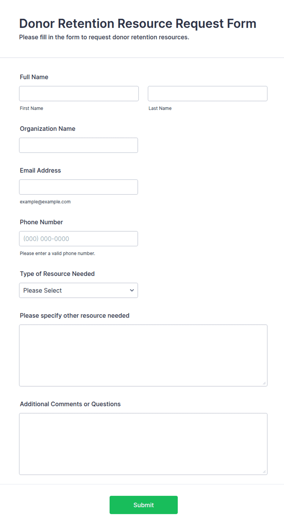 Resource Request Form Sample Donor Retention Resource Request Form Template | Jotform