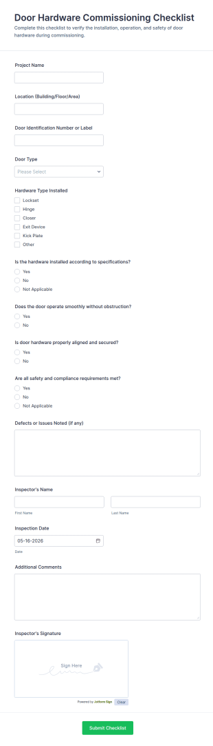 Door Hardware Commissioning Checklist Form Template