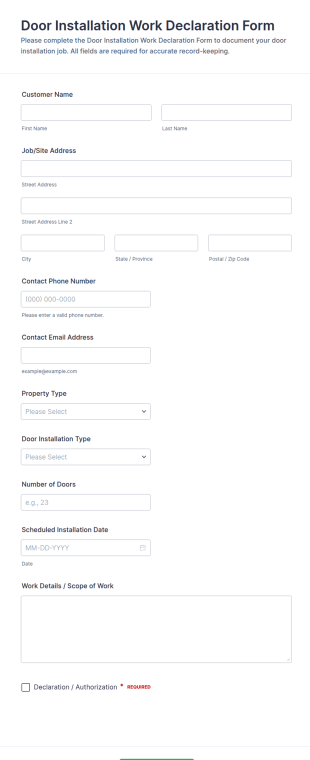 Door Installation Work Declaration Form Template