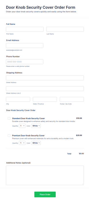 Door Knob Security Cover Order Form Template