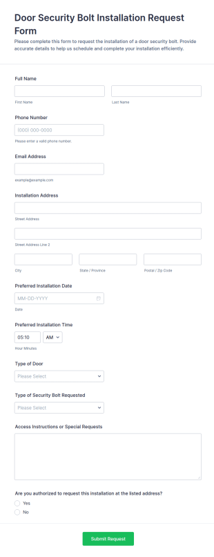 Door Security Bolt Installation Request Form Template