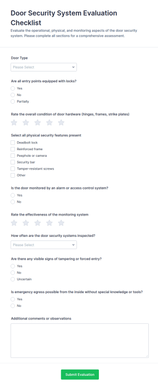 Door Security System Evaluation Checklist Form Template