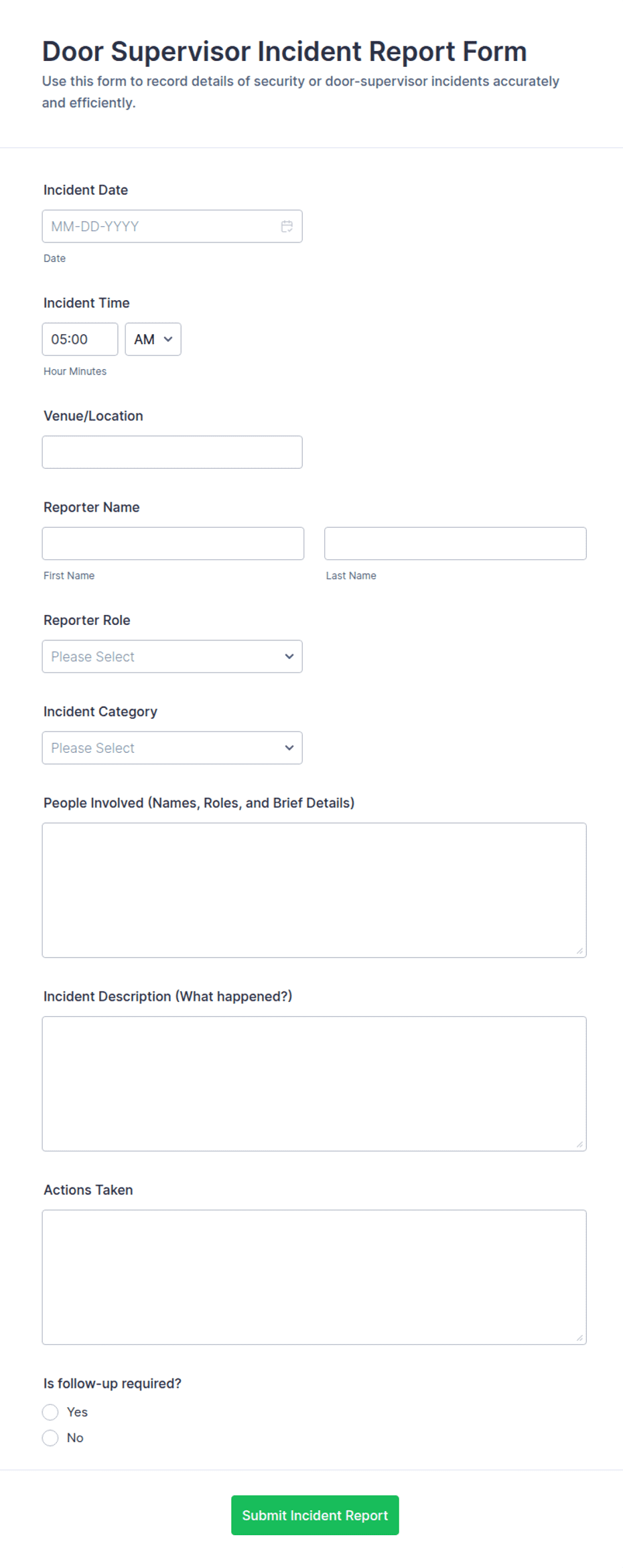 Door Supervisor Incident Report Form Template | Jotform