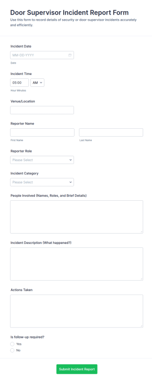 Door Supervisor Incident Report Form Template