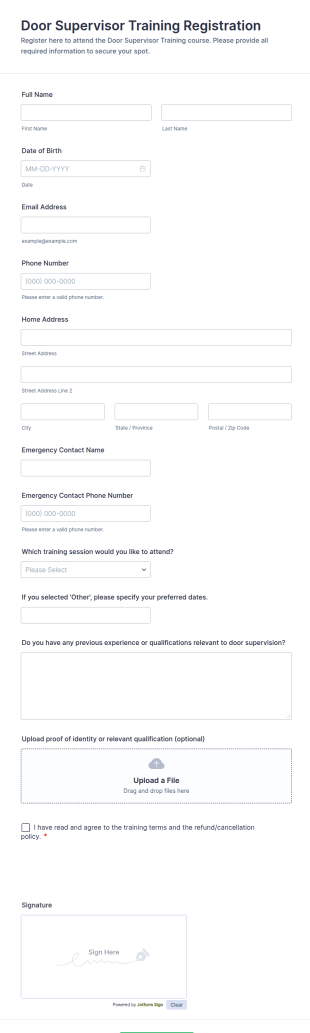 Door Supervisor Training Registration Form Template