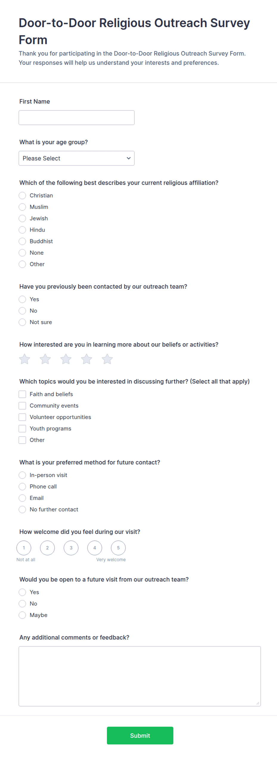 Religious Survey Example Door-to-Door Religious Outreach Survey Form Template | Jotform
