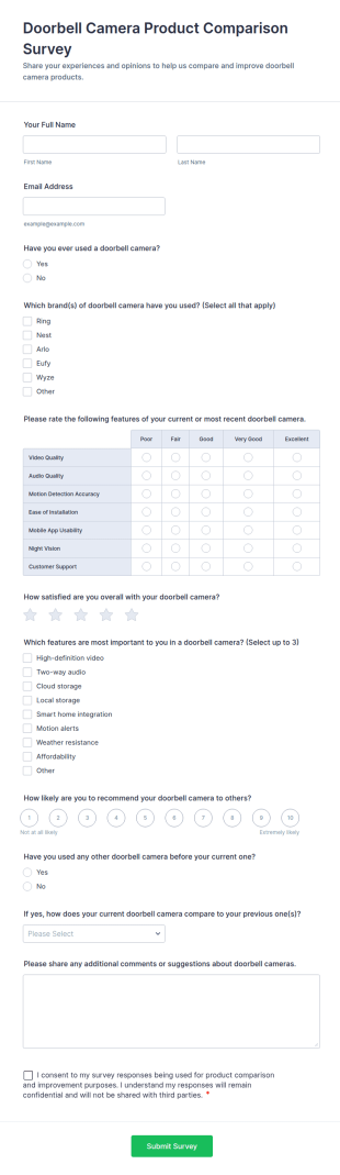 Doorbell Camera Product Comparison Survey Form Template