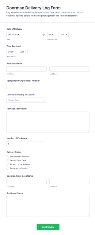 Doorman Delivery Log Form Template