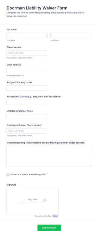 Doorman Liability Waiver Form Template