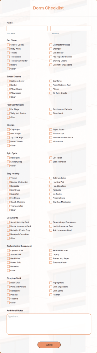 Dorm Checklist Form Template
