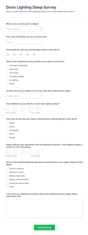 Dorm Lighting Sleep Survey Form Template