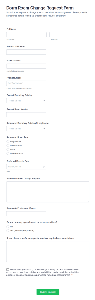 Dorm Room Change Request Form Template