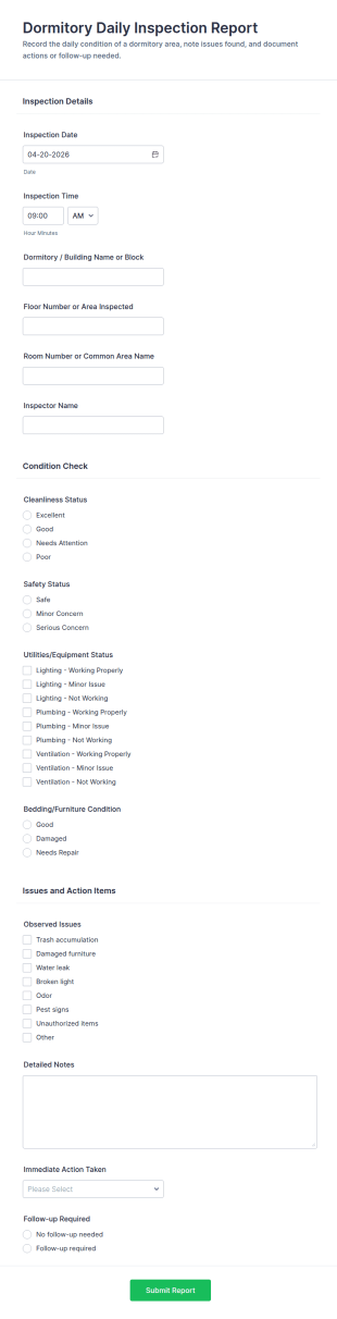 Dormitory Daily Inspection Report Form Template